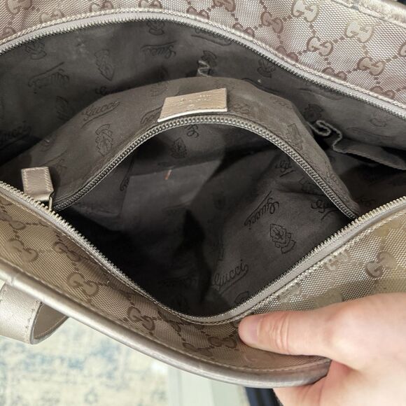 Authentic GUCCI GG Imprime Handbag Tote & Dustbag-Metallic Bronze-Excellent Cond - Picture 10 of 12